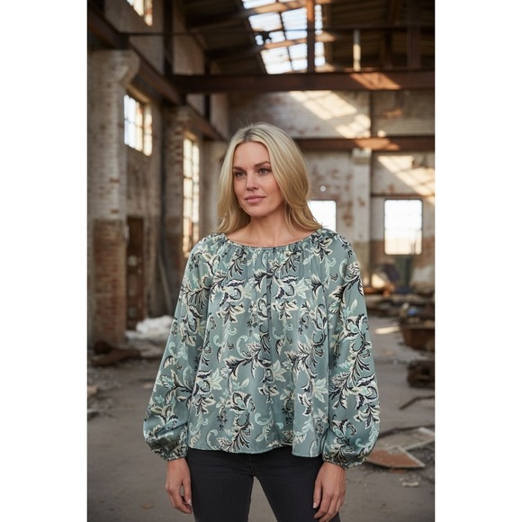 LOFT Tops - LOFT Petites Sage Green Floral Paisley Elastic Neck Long Sleeve Blouse 168